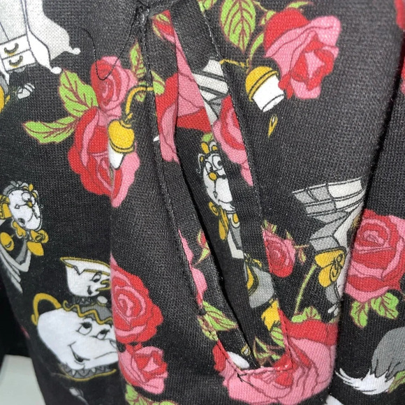 Hot Topic Disney Beauty And The Beast Floral Objects Hoodie Side Pockets Size XS - Picture 7 of 11